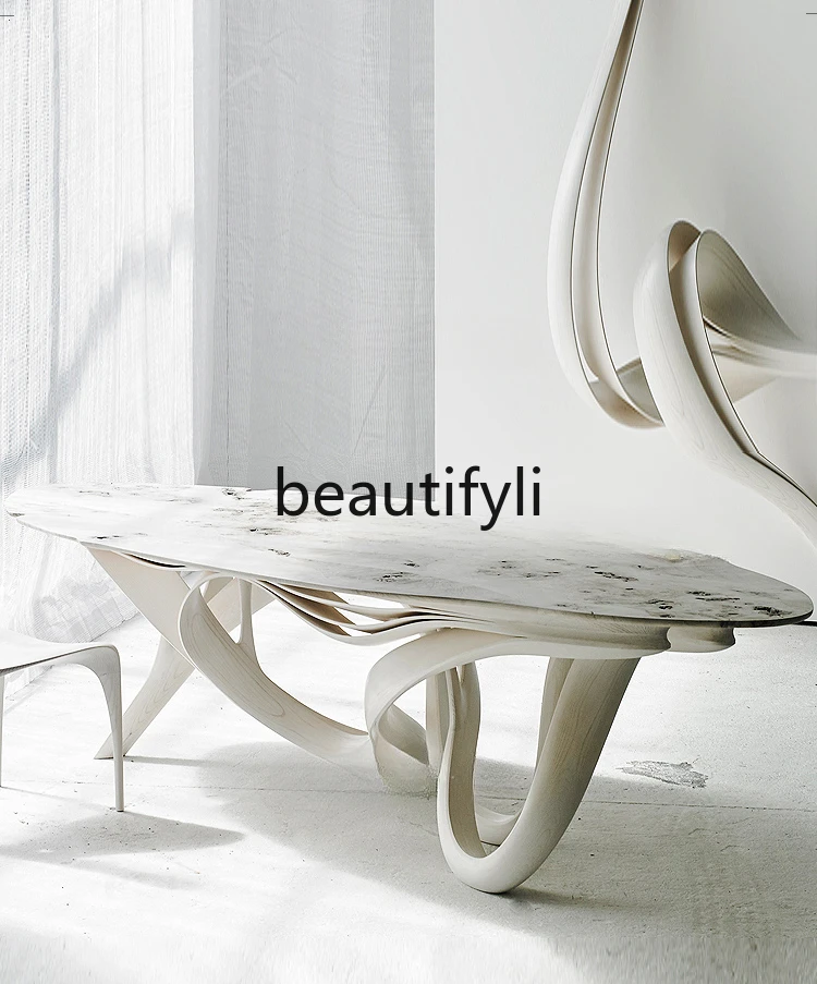 Cream series, pure solid wood long dining table, wabi sandy wind creative special-shaped, technological sense