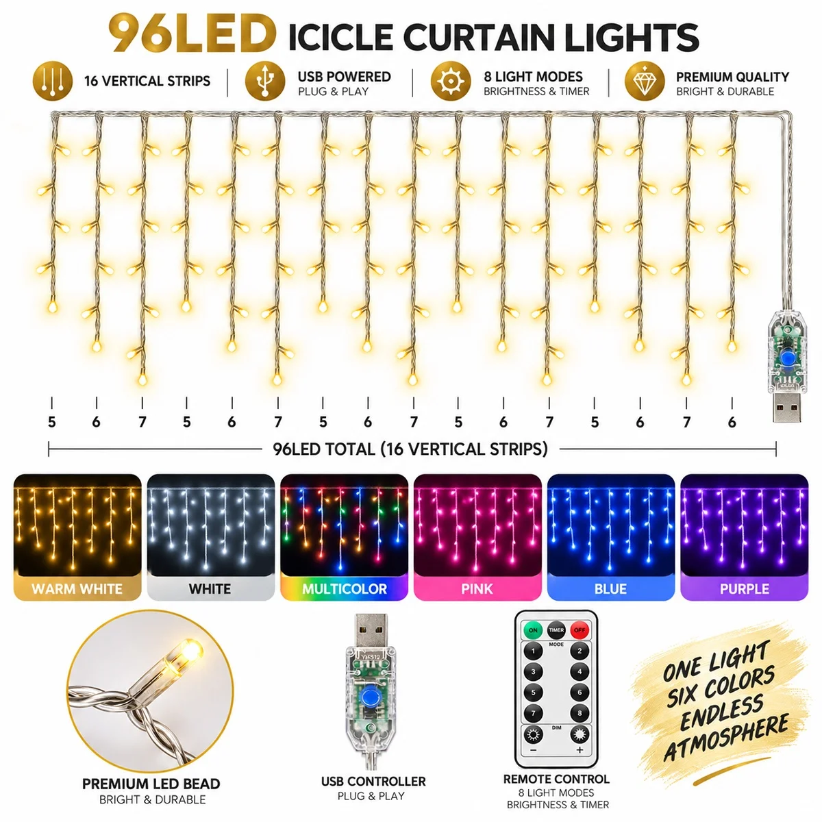 1pc Vertical Strips LED Icicle Curtain String Lights 96LED Dimmable Remote Control USB Fairy Light for Holiday Window Xmas Decor