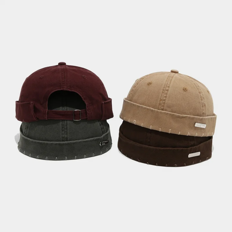 Japanese Style Washed Distressed Beanie Men Women Retro Metal Label Hip Hop Skullcap Vintage No Brim Melon Cap Streetwear