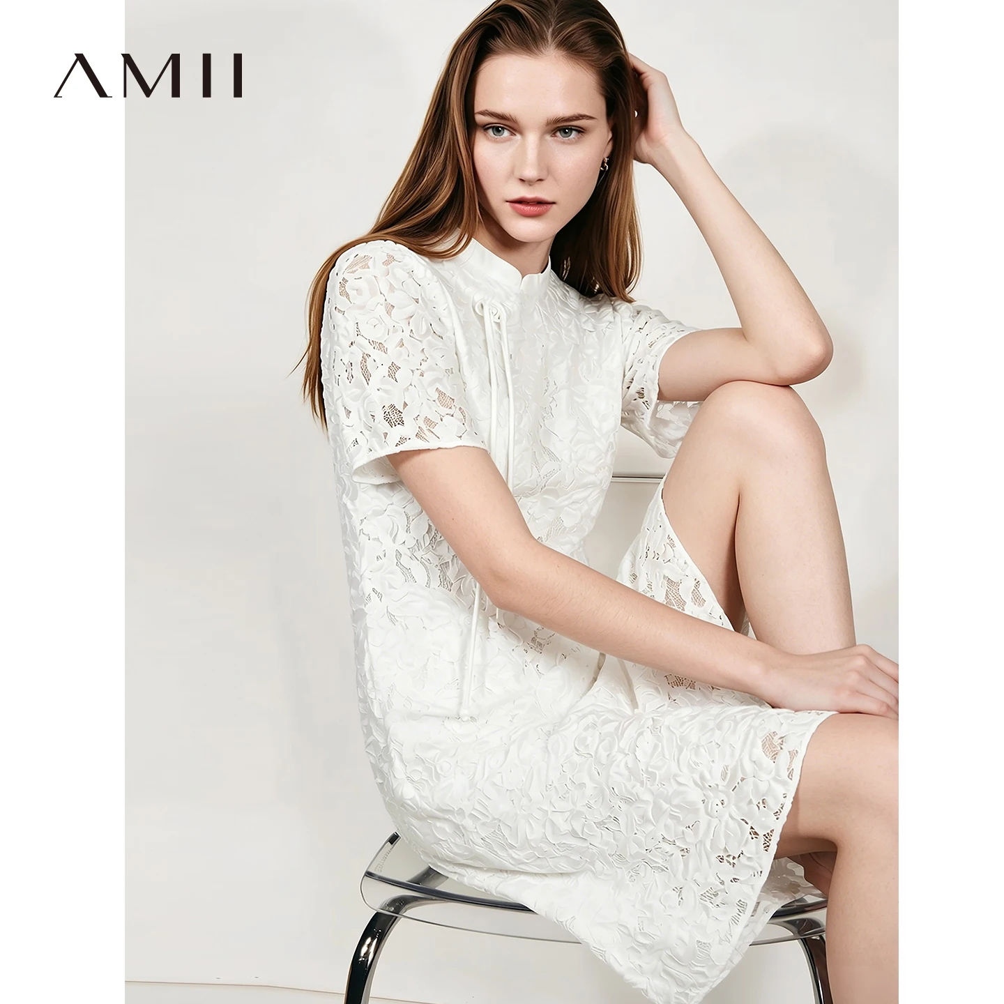Amii Damenkleid 2026 Sommer Neuer Chinesischer Stil Stehkragen Seitenknöpfe Locker Kurzarm Elegante Damenkleider 12642160