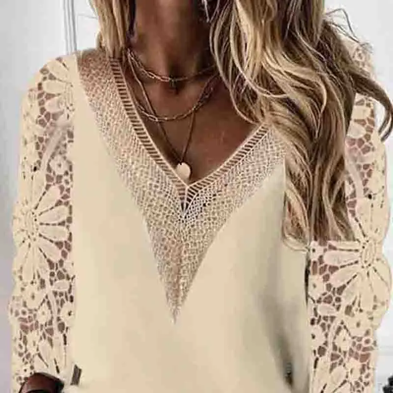 New V-neck Stitching Lace Women Blouse Long Sleeve Spring Hollow Out Chiffon Shirt Casual Tops Loose Clothes Blusas 25948