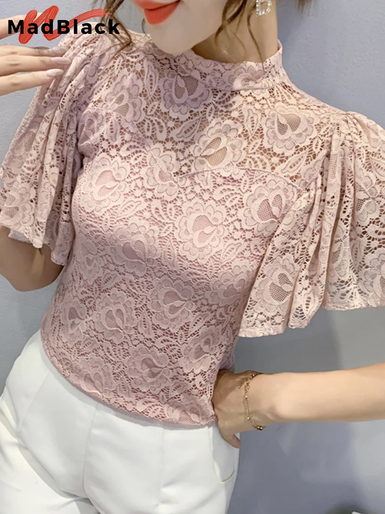 MadBlack Summer European Clothes T-Shirt Chic Sexy Lace Hollow Out Women Tops Short Flare Sleeve 2022 Casual Solid Tees T23004X