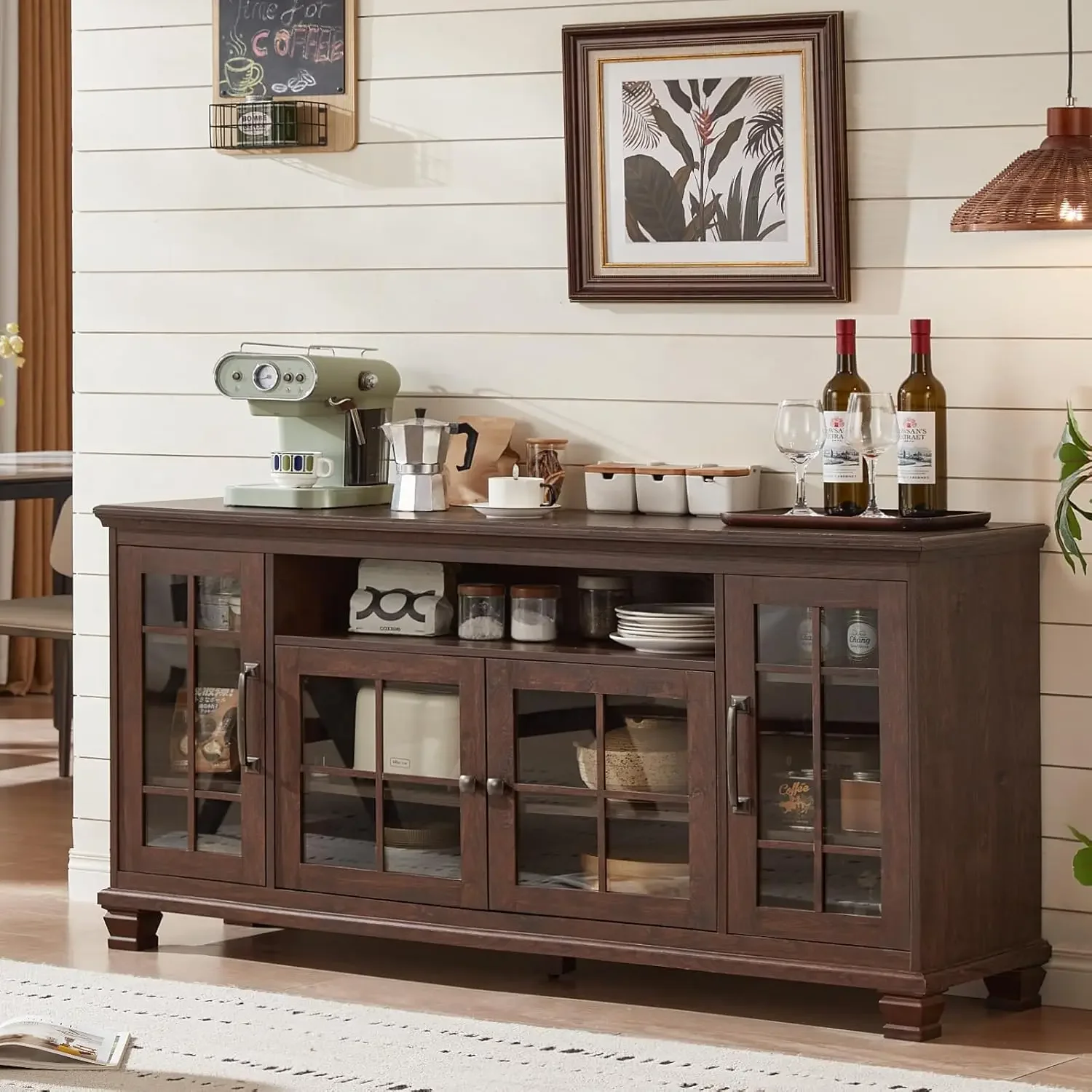 Large Sideboard Buffet Cabinet with Storage, Vintage Walnut Farmhouse 60