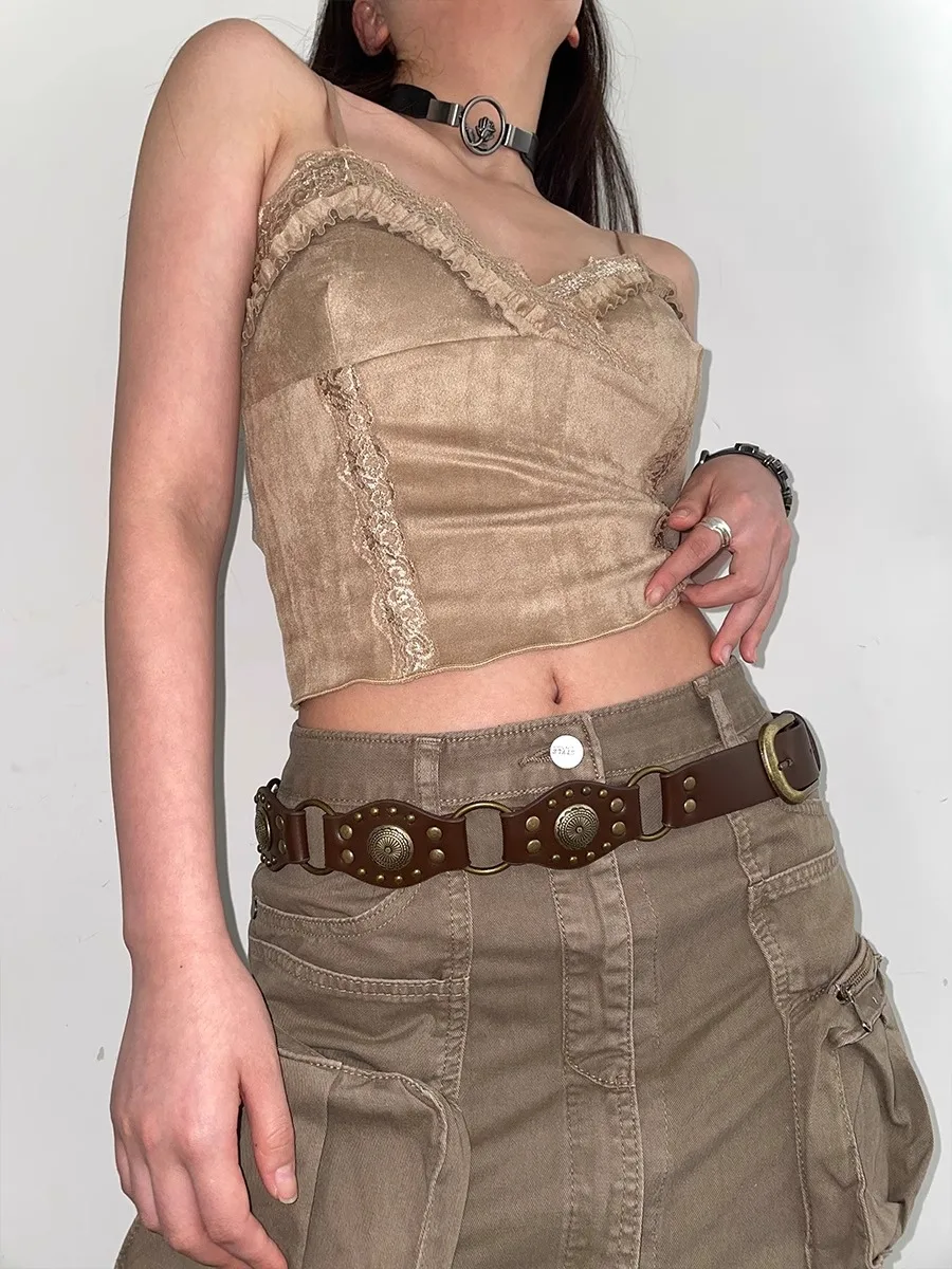 Vintage Western Brown Faux Leather Waist Belt Antique Brass Sunflower Rivet Disc Interlock Ring Wide Corset Belt For Jeans