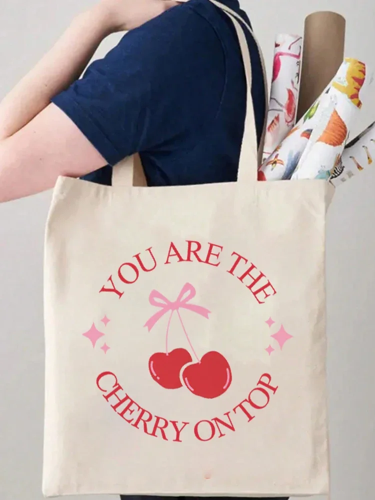 1pc Cherry Patterned Handbag Aesthetic Tote Bags Canvas Bag Fruit Cute Shopping Bags Canvas Shoulder Bag Women Students Eco Shop