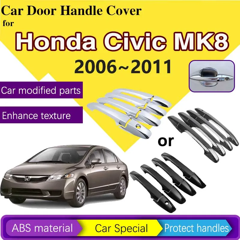 Car Chrome Door Handle Hood Cover For Honda Civic 8 8th gen MK8 2006~2011 Carbon Fiber Gloss Stylings Trim Sets Auto Accessories