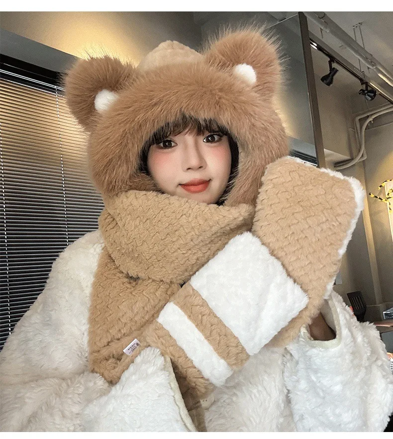 2025 New Fashionable Women's Cold Resistant and Warm Plush Hat, Scarf, Glove, Women's Winter Thickened Ear Protection Cycling