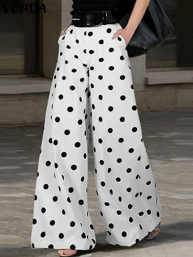 VONDA Women AutumnTrousers 2024 Elegant High Waist Bohemian Polka Dot Printed Long Pants Casual Loose Wide Leg Pants Oversized