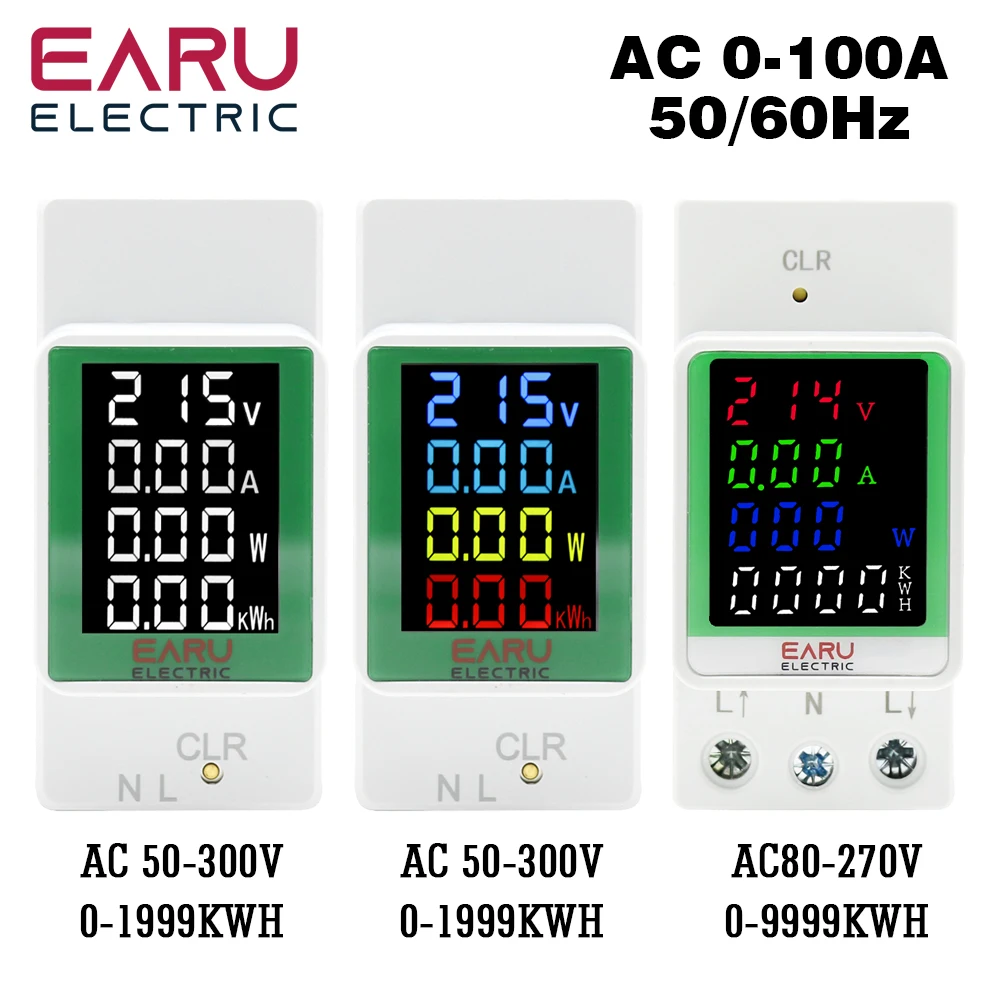Digital Power Energy Meter Wattmeter Monitor Amperímetro Voltímetro 100a ac 50300v Electricidade do Trilho Din Watt Kwh Voltímetro