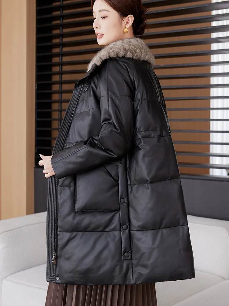 جديد إمرأة شتاء سستة فرو المنك طوق جلد طبيعي أسفل معطف منتصف طول سترة السيدات معطف جلد الغنم الدافئ فضفاض صالح #4