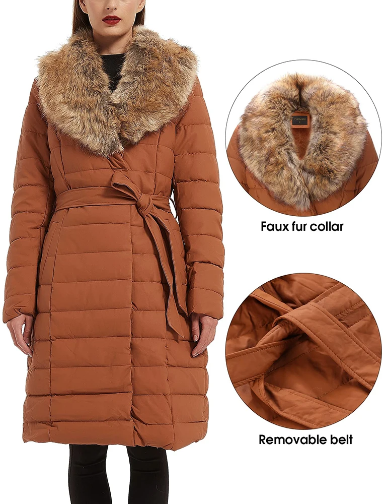 Giolshon Leather Puffer Jacket For Women Winter Bubble Padding Long Puffer Coats With Detachable Faux Fur Collar