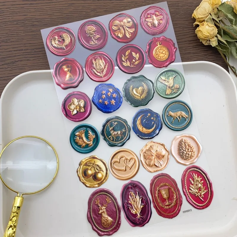 1pc Vintage Wax Seal Stickers Retro Embossed Sealing Stamp Stickers Envelope Gift Packaging Journal Scrapbook Decorative Sticker