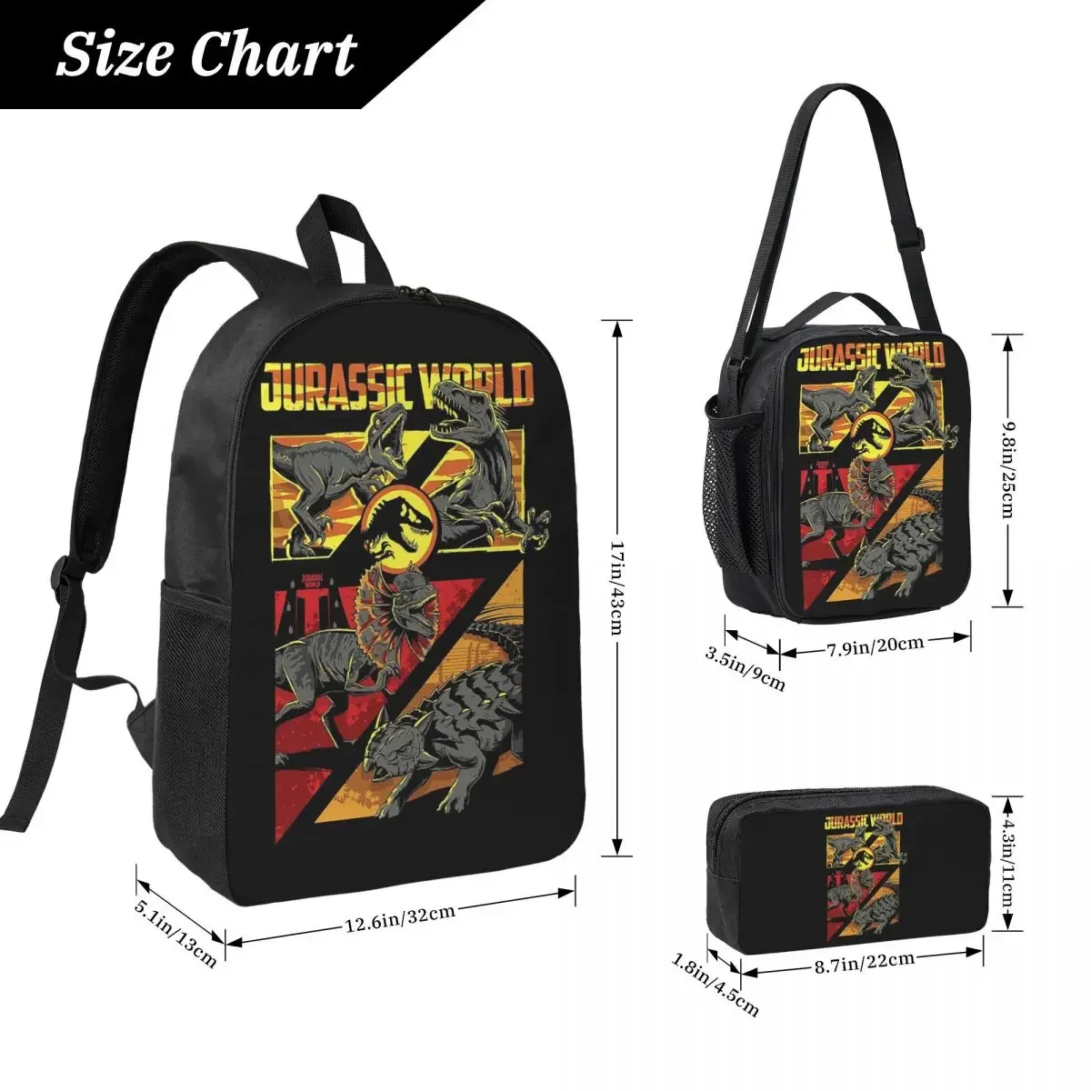 Jurassic World Backpack Boys Girls BookBag School Bag Computer Shoulder Bags 3ps Insulated Lunch Bag Pencil Case