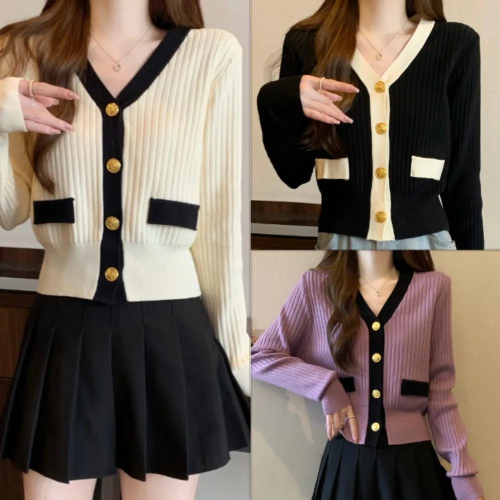 

Fashion Single Breasted V-neck Cardigan Women Slim Casual Patchwork Knitted Sweater Coat
