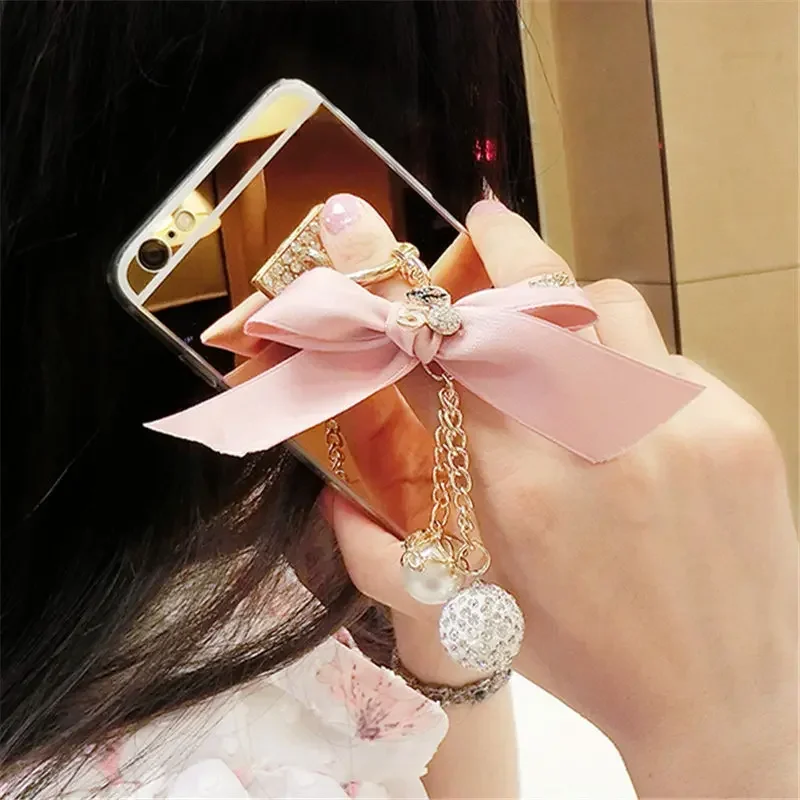 Soft Mirror Phone Case Cover, Luxury Bling, Diamond Rhinestone, Bowknot Pendant, for Samsung S23 Ultra, S24, S21, S22, Note20