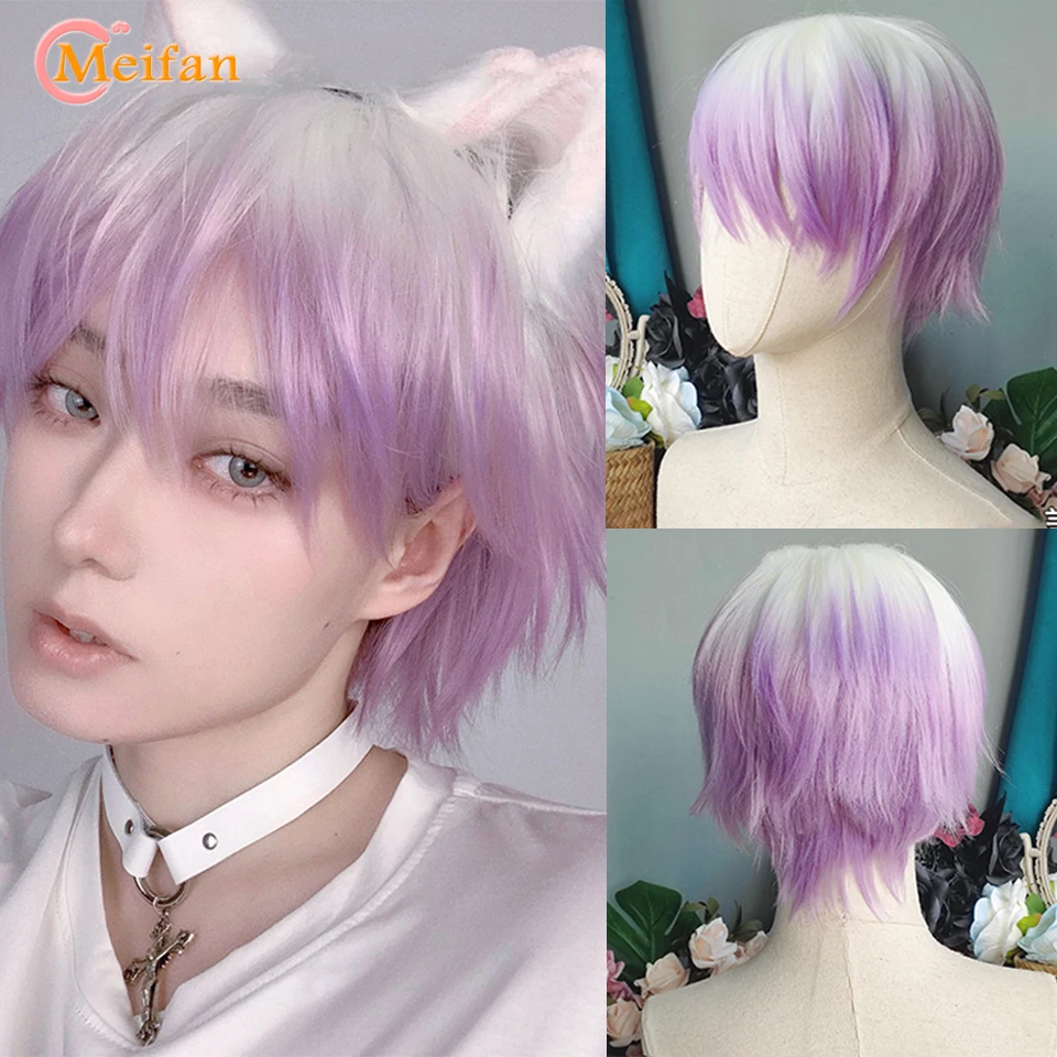 MEIFAN Synthetic Short Cosplay Lolita Anime Men Wig Male Straight Hair High Temperature Fiber Long Ponytail Light Blonde Wig
