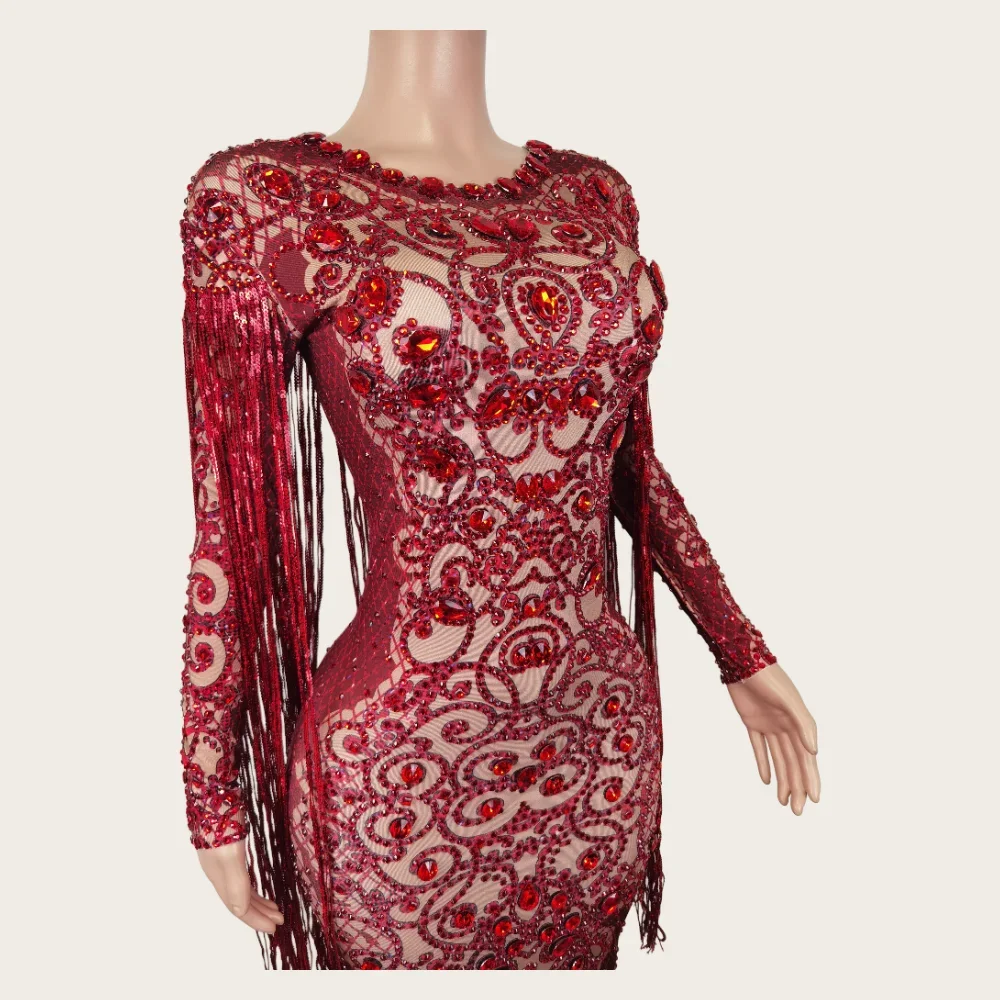 Elegante langärmlige rote Quaste Strass Abendkleid Kleider Frauen Sänger Bühnen kostüm Bodycon Geburtstag Hochzeits feier Kleid