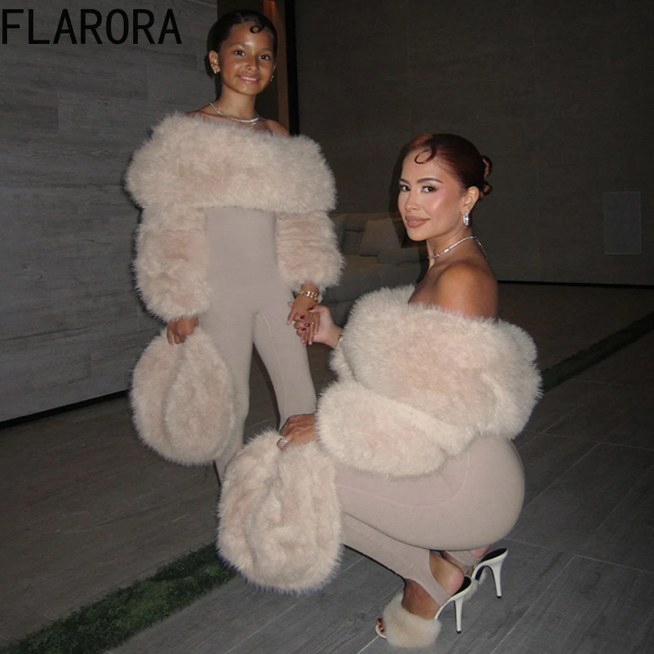 

FLARORA Luxury Furry Patchwork Jumpsuits Woman Sexy Slash Neck Full Sleeve Skinny Peach Hip Stretch Street Activity Overalls