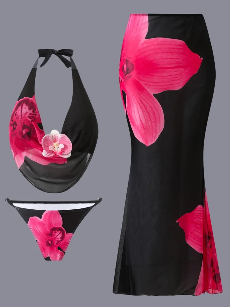 

Новый летний купальник-боди с юбкой для женщин, пляжная одежда с рюшами и принтом, комплект для отпуска, накидка-бикини