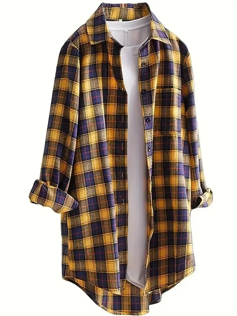 

Women Plus Size 1XL-5XL Shirt Casual Blouse Ladies Plaid Print Button Up Long Sleeve Turn Down Collar Blouse