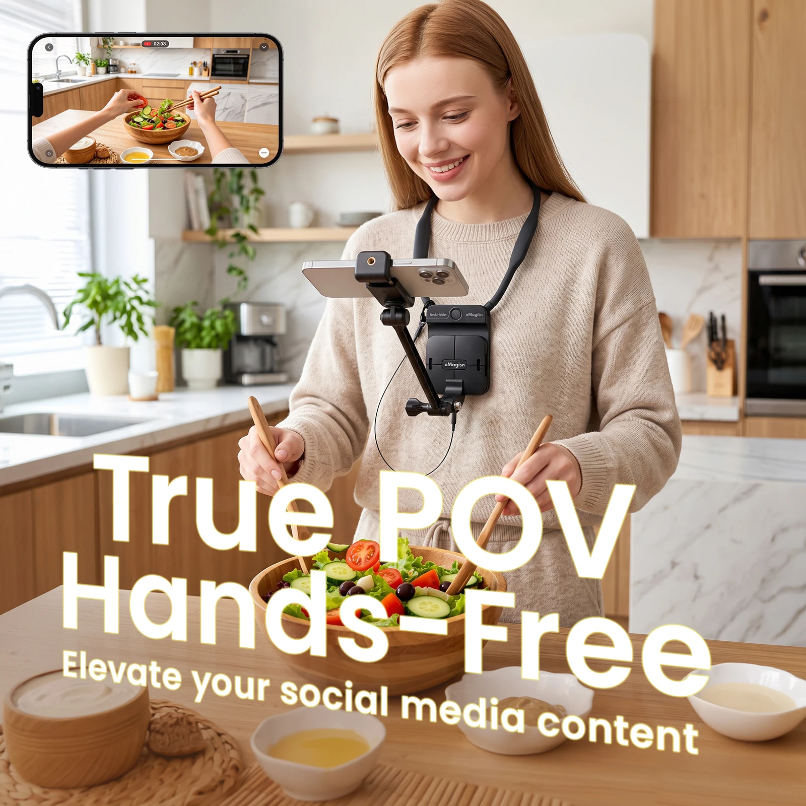 aMagisn 2 in 1 Neck Mount Hands Free POV Phone Holder Camera Chest Mount for iOS Android iPhone 18 17 Samsung Galaxy Smartphone