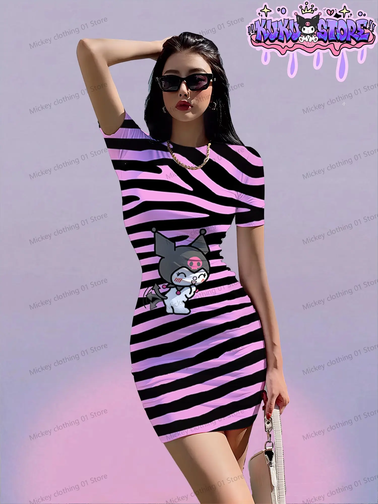 Kawaii Frauen Kurzarm Hüft kleider Kuromi würziges Mädchen Kleid S-3XL Boho Y2K Anime Sanrio 2024 Sommer o Hals Mode elegant