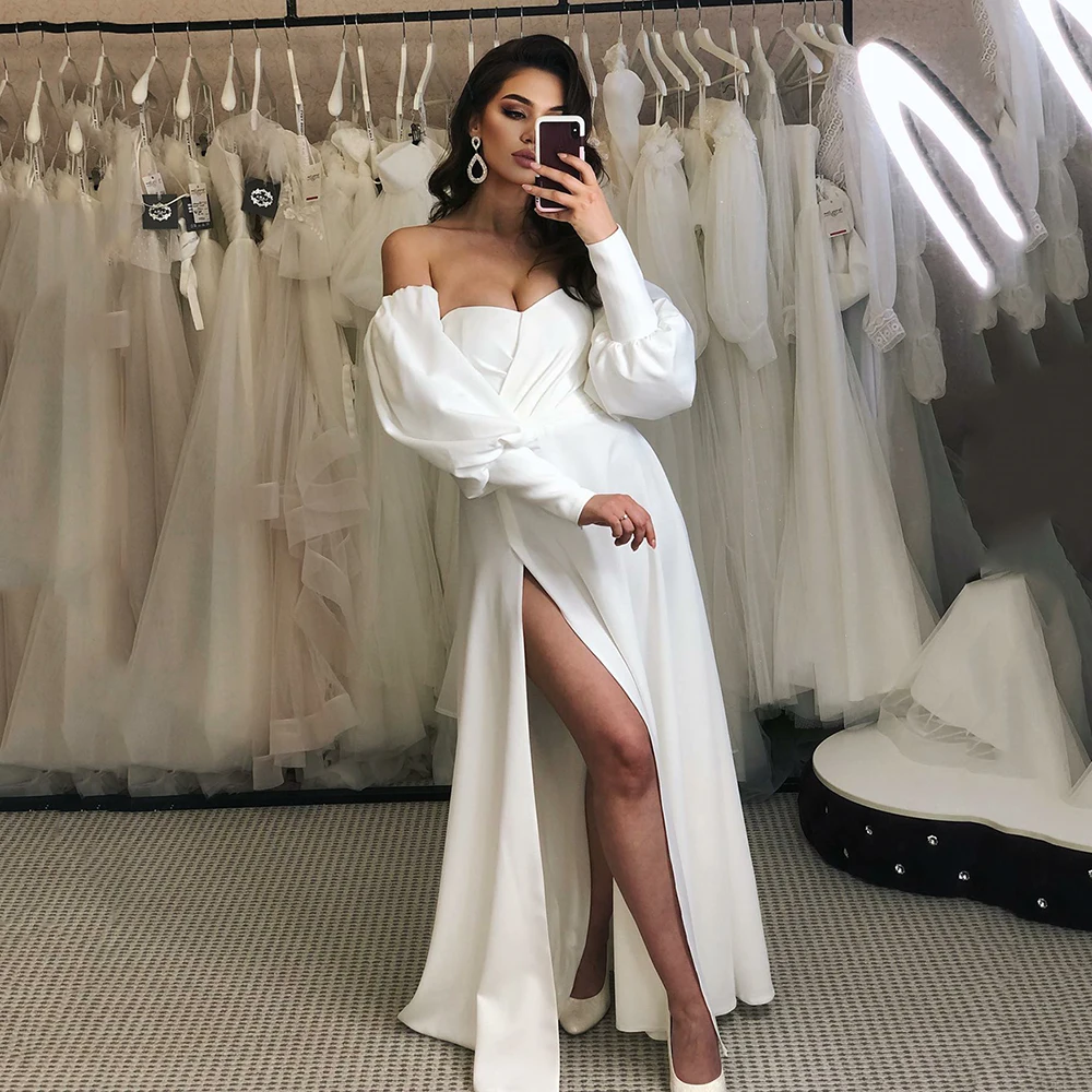 Msikoods Elegant Sweethearts Side Split Wedding Dresses Modern Puff Sleeves Women Bridal Gowns Satin Robe De Mariéé Custom Made