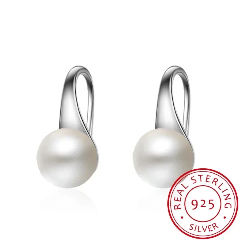 Hot new 925 Sterling Silver Earrings for Women temperament Round Natural Freshwater Pearl Hook Dangle Drop Wedding Gifts Jewelry