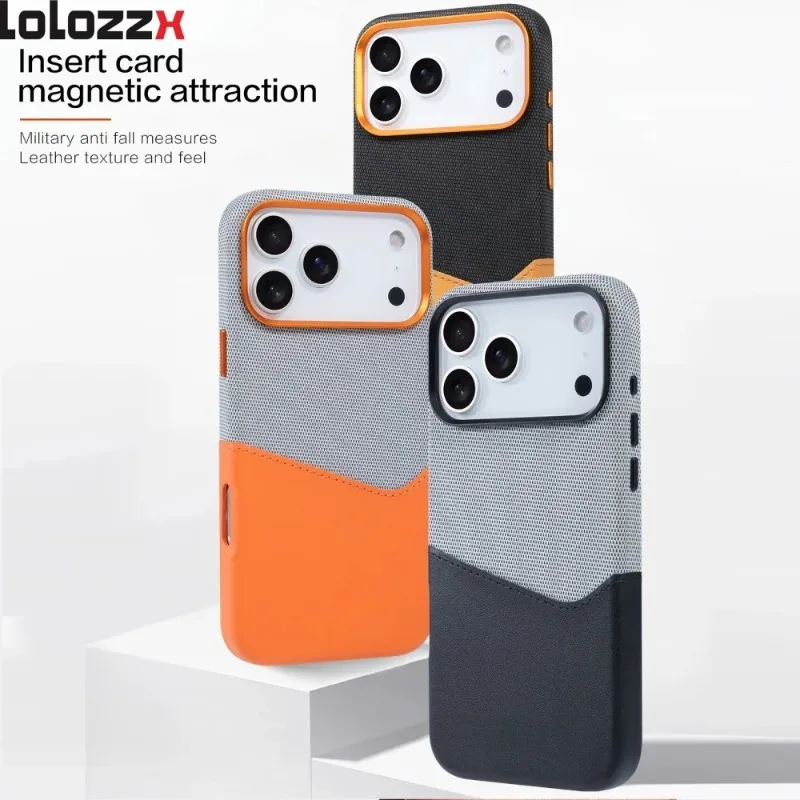 Etui na iPhone 17 Pro Max z teksturą skóry i materiału, z przegródką na karty i magnetycznym zamknięciem, pasujące również do iPhone 16, 15, 14 Plus, 13, 12 — zdjęcie produktu 6