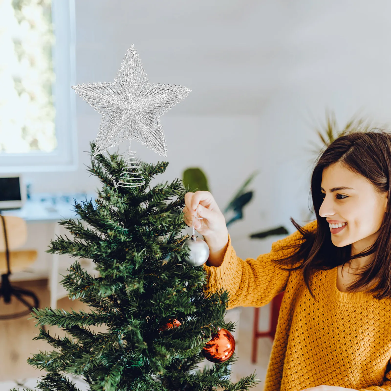 

Tree Topper Star Christmas Decoration Metal Treetop Ornament for Holiday Party Home Xmas Decor Glitter Powder Design