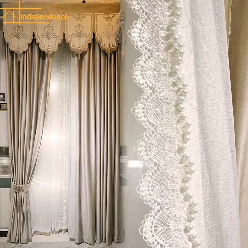 

New Chinese Champagne Beige Velvet Curtains for Living Room French Window Balcony Window Lace Window Screen Customized Valance