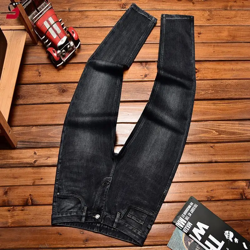 Men's Light Luxury Jeans Trendy Korean Style Fashion Printed Autumn Winter Stretch Loose Straight Long Pants