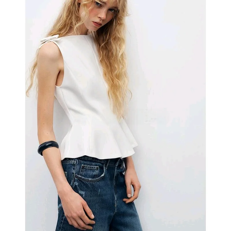 Primavera nuevo estilo Casual de las mujeres cuello redondo sin mangas cuello barco Falda corta csa decoración de nudo de ...