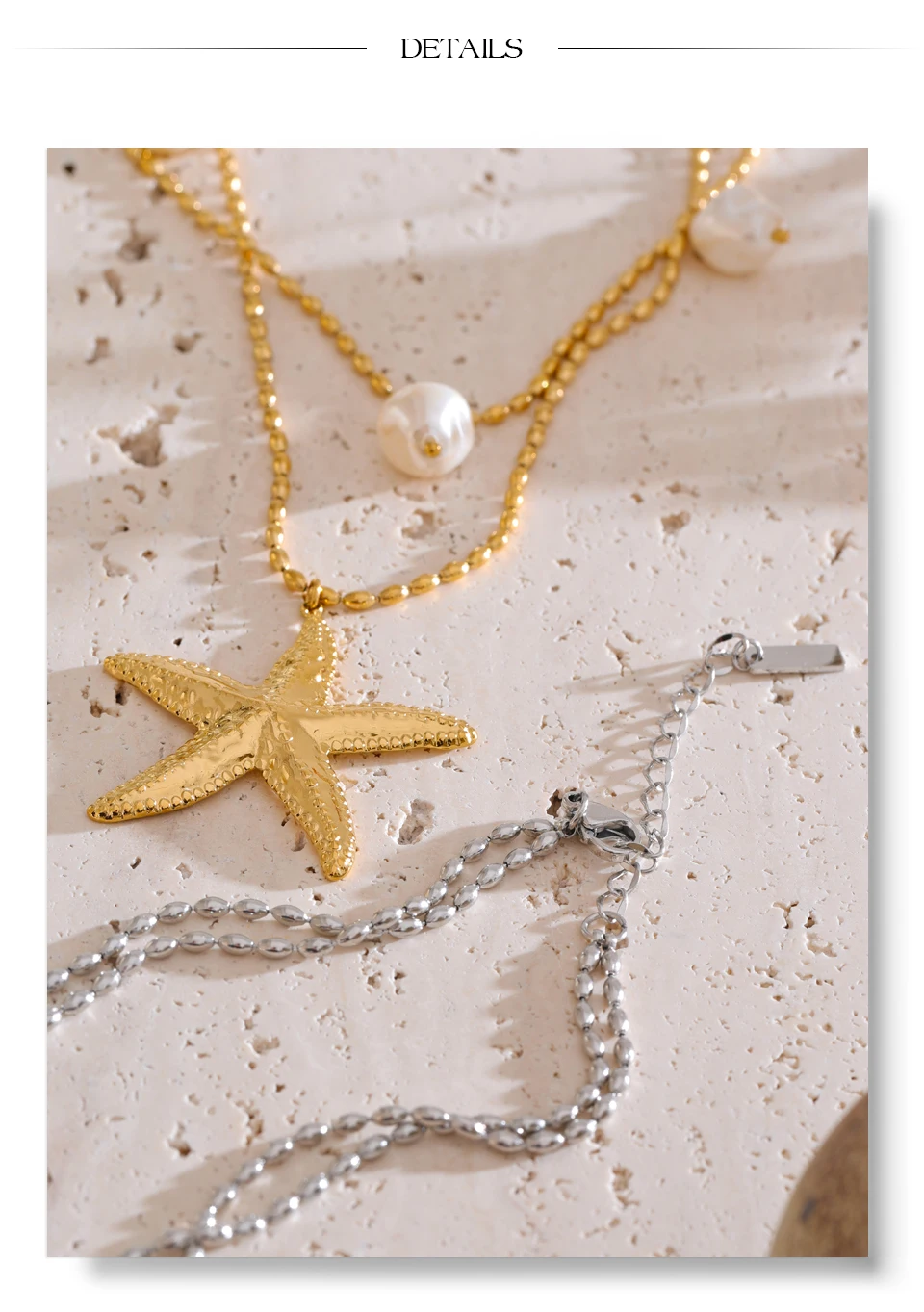 Yhpup Stainless Steel Double Layer Ocean Summer Holiday Necklace Jewelry Waterproof Handmade for Women Gold Platinum PVD Plated