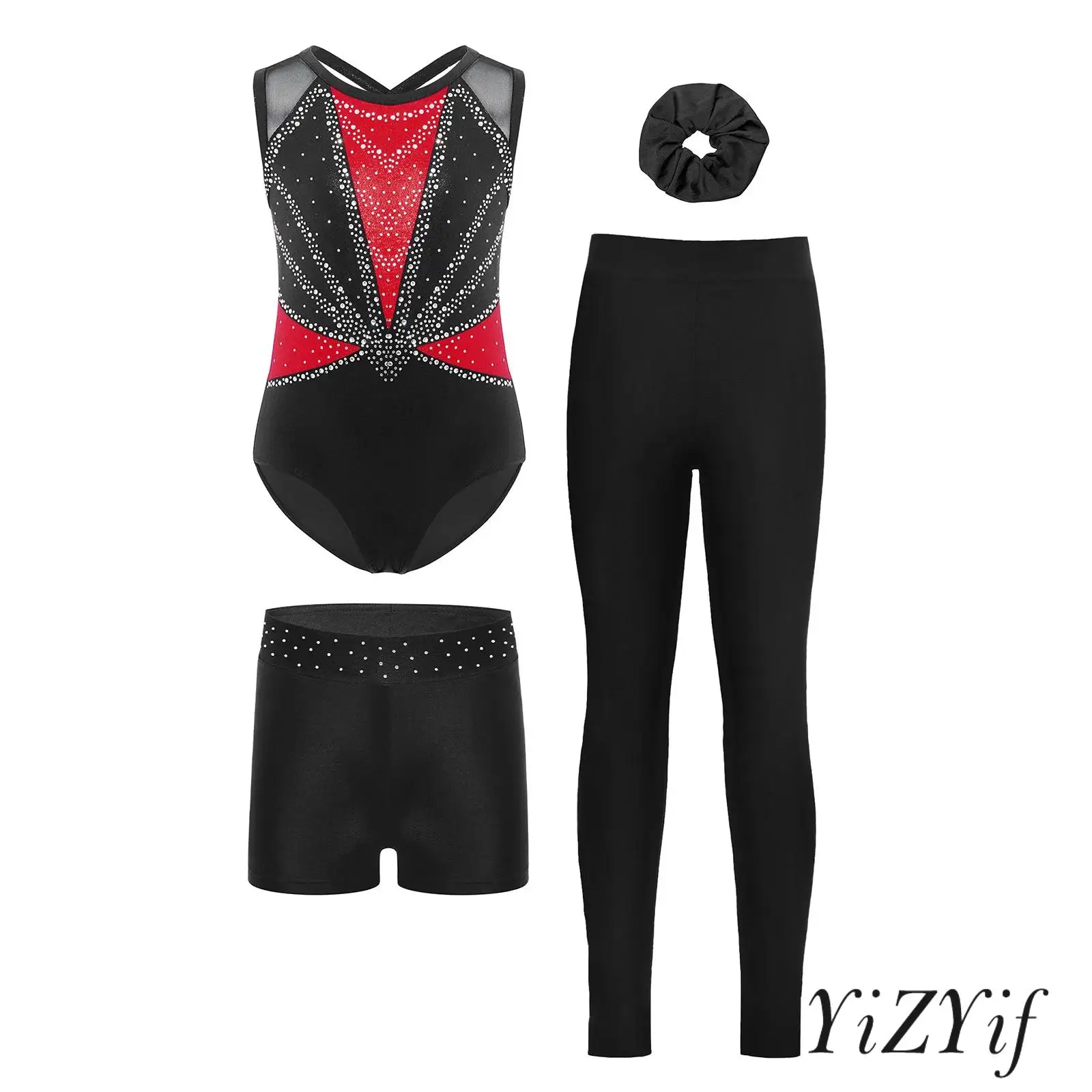 

Kids Girls Ballet Dance Costume Lyrical Dance Performance Ballet Outfits Rhinestones Gymnastics Leotard+Shorts+Leggings+Hairband