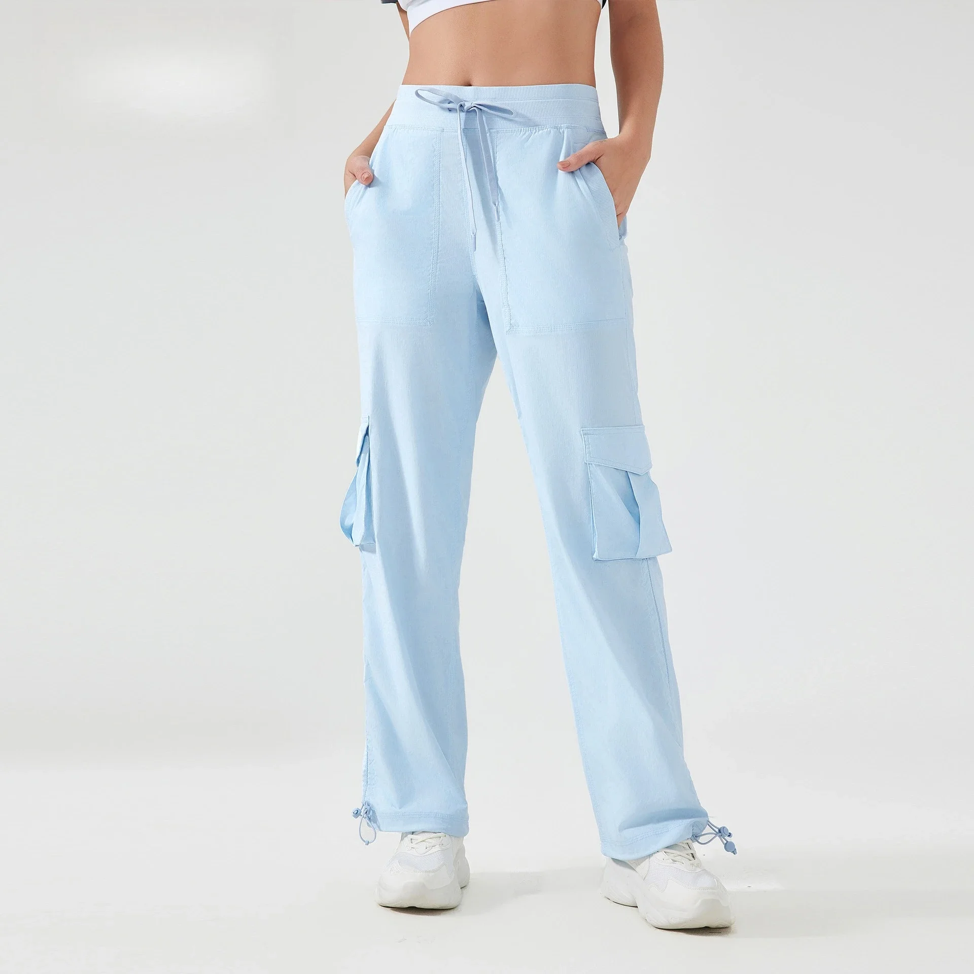 2025 lightweight women's work pants straight-leg tying feet multi-pocket quick-drying fitness casual jogging yoga sports pants