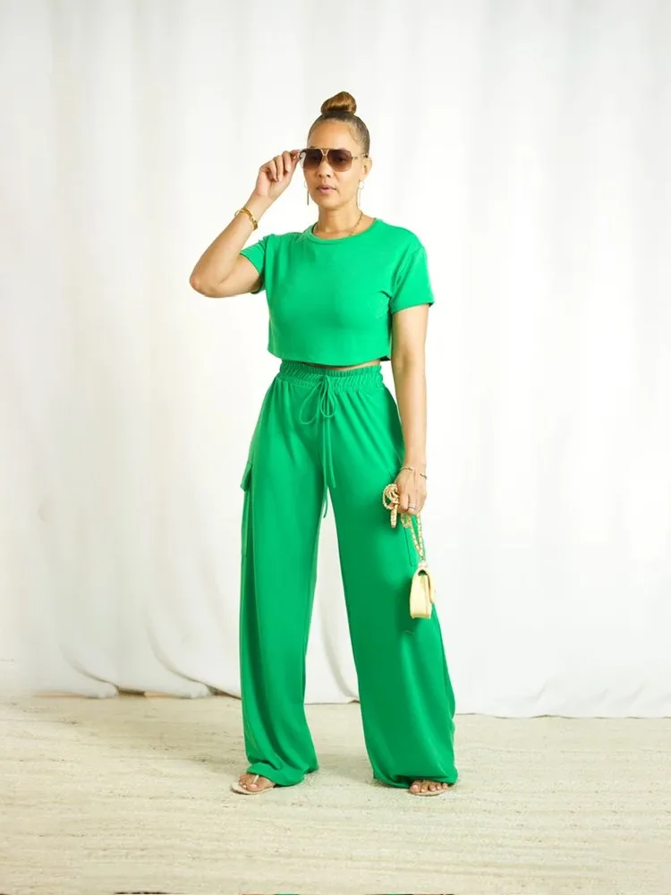 Fashion Two-piece Casual Short-sleeved Top Waisted Loose Workwear Wide-leg Pants Suit Summer Female Holiday Green Sets