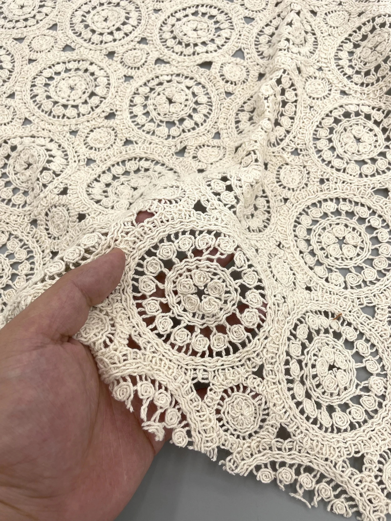 100% Cotton Embossed Jacquard Lace Fabric Beige Rose Design Sewing Material Wedding Dress Garment Fabric Sold By the Half Meter