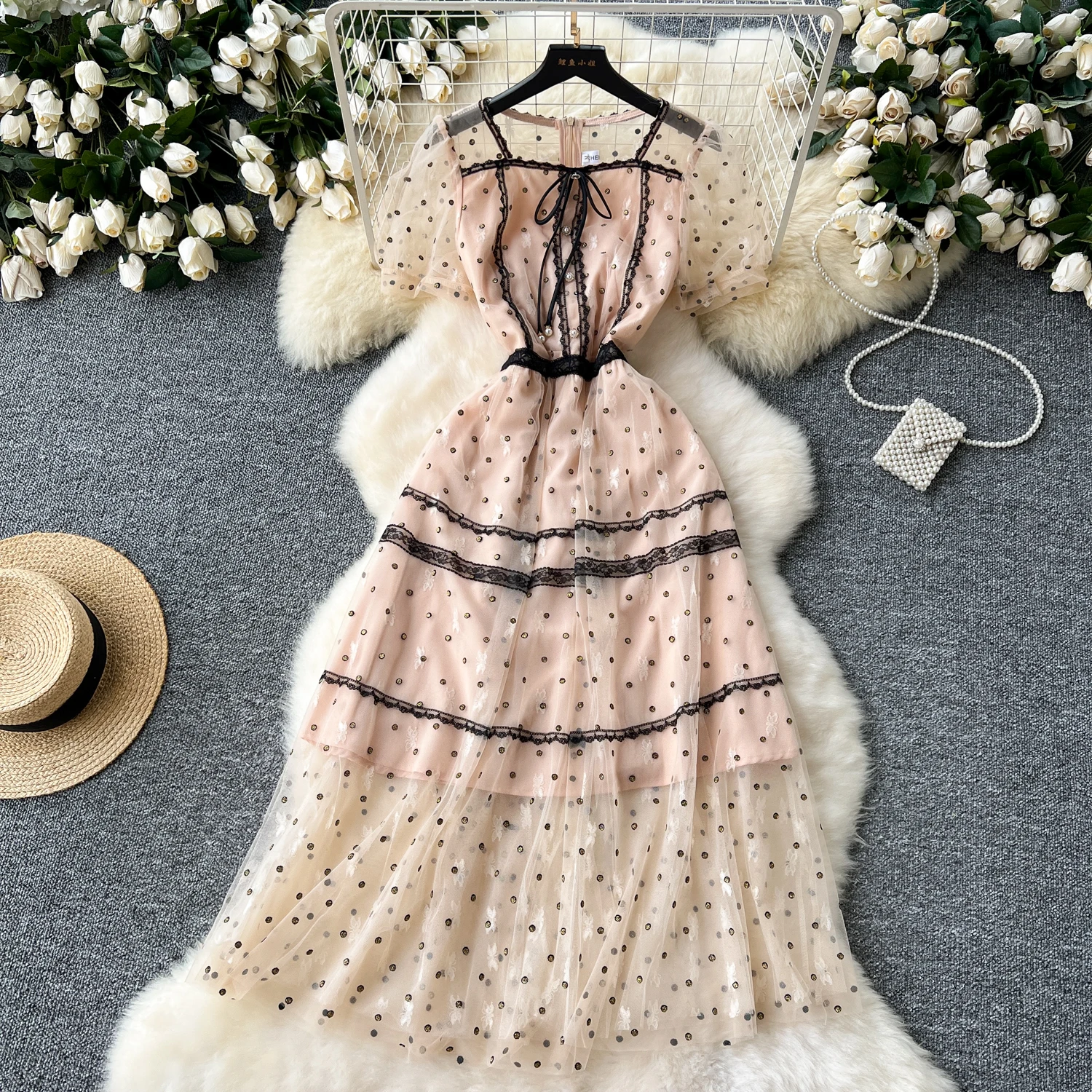 Chic vintage Square Collar lace PATCHWORK sequin mesh puff sleeve Dress Fashion  fashion Slim  women summer dresses