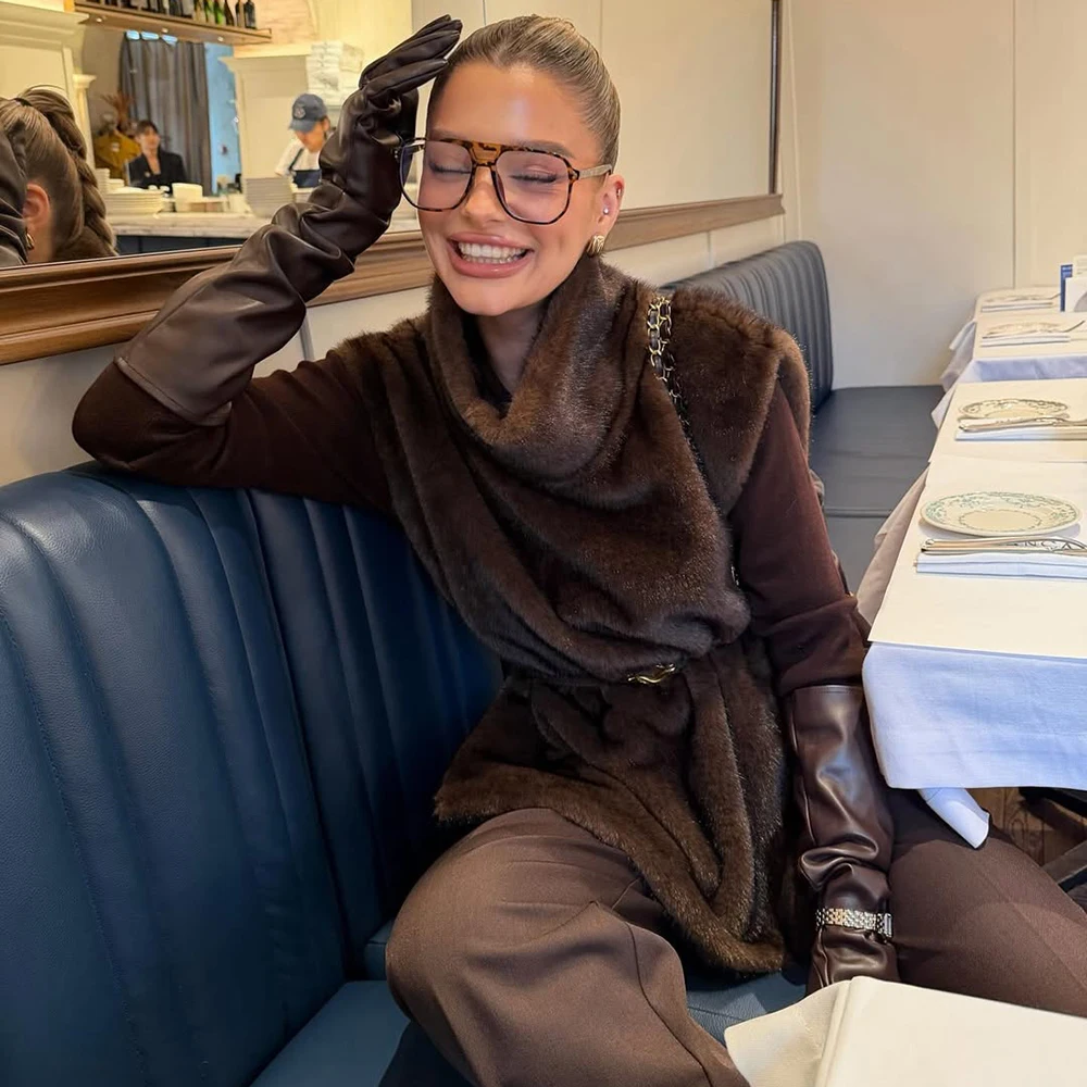 سترات من الفرو الصناعي الصلبة من Talenza سترات نسائية عصرية بياقة مدورة منفوشة قطع علوية شتوية أنيقة بدون أكمام معاطف