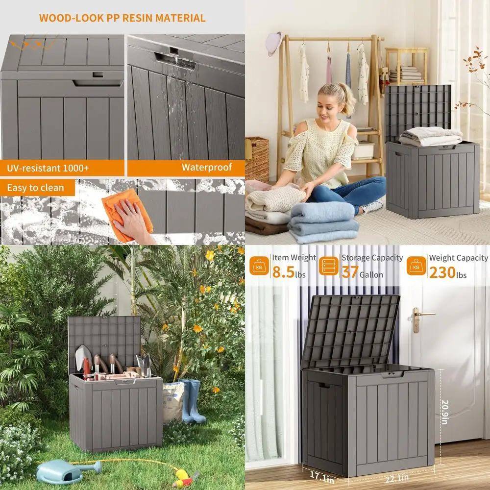 

Large Grey Outdoor Storage Box with Lock, Waterproof Resin, for Patio Furniture, Cushions, Garden Tools, and Pool Supplies