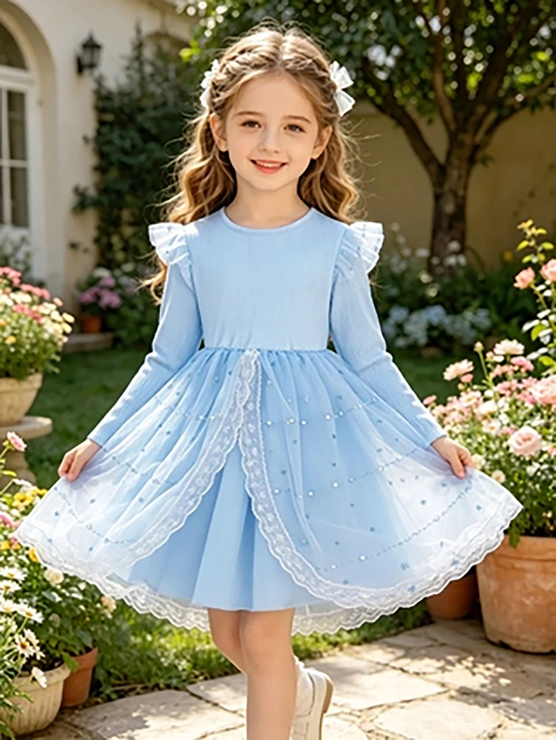 Blaues Prinzessinnenkleid mit Sternenmuster und Spitze für Kleine Mädchen, Langärmliges Tüllkleid für den Herbst – Detail 4