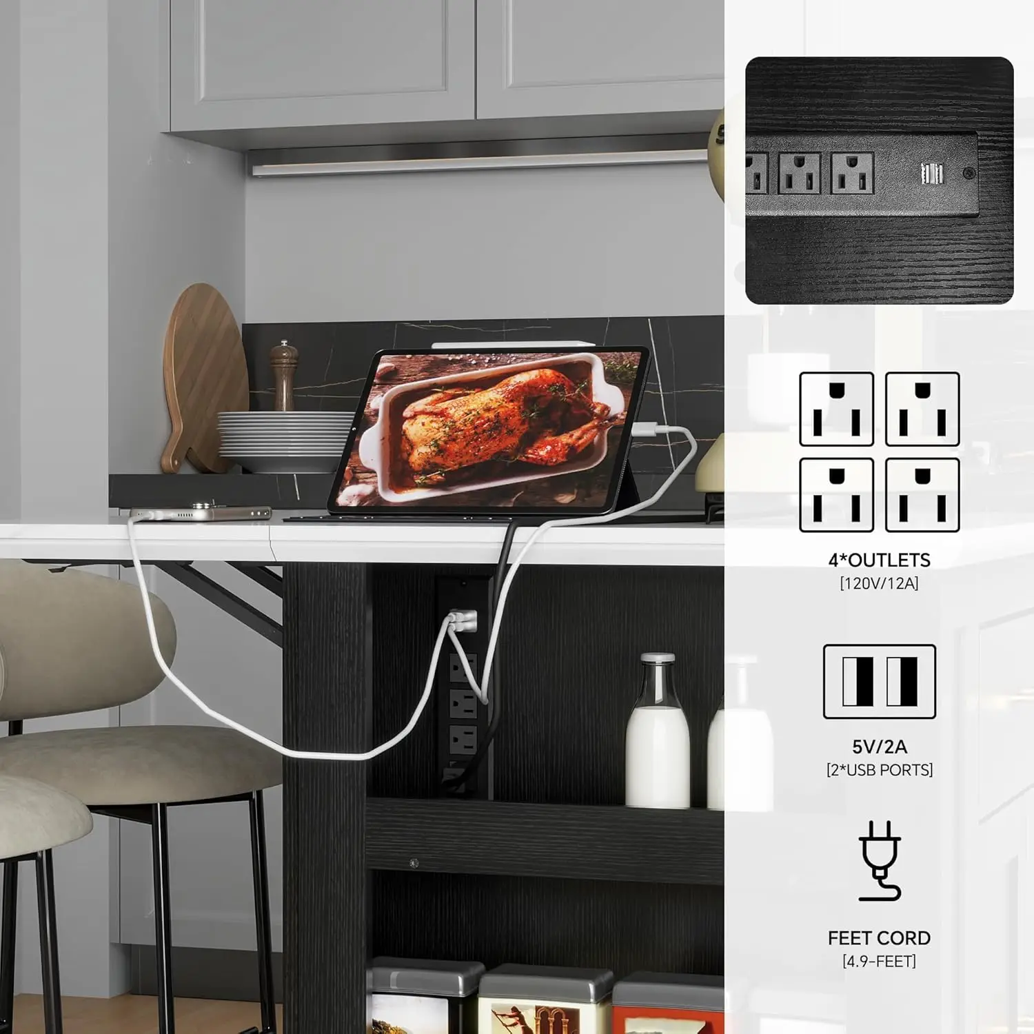 Large Kitchen Island with Storage & Power Outlet, Drawer, Adjustable Shelves, Side Open Compartments, and Drop Leaf,Isl