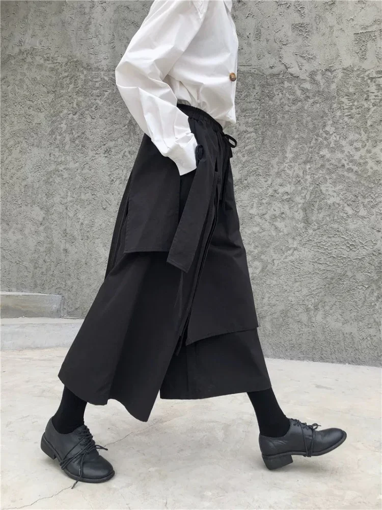 

Original Design Dark Casual Pants Elastic Waist Wide Leg Unisex Long Straight Cotton Trousers Fashionable Multi-layered Skirt