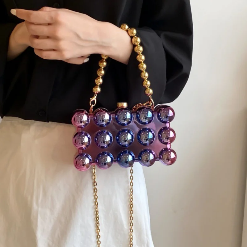 

Designer Acrylic Beaded Chain Clutch Bag Lady Evening Party Bag Cake Box Bag Cute Shiny Metal Shoulder Crossbody Bag Small Purse