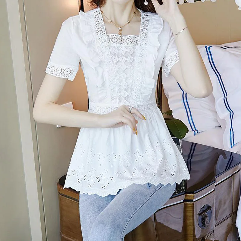 Solid Color Hollow Out Lace Spliced Elegant Women\'s Shirt Summer New Fashion Embroidery Ruffles Female Short Sleeve Slim Blouses