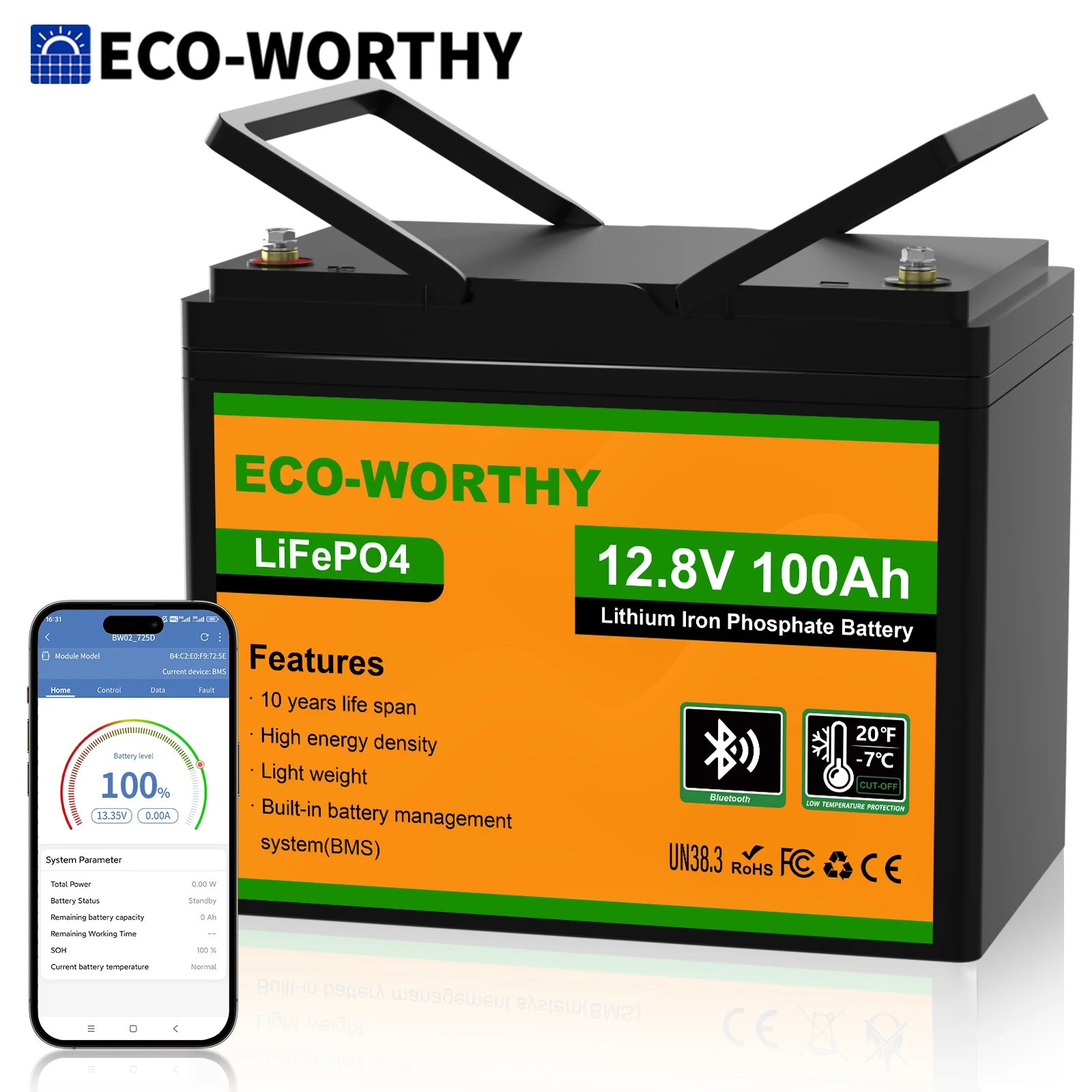 ECO-WORTHY LiFePO4 100Ah Bluetooth, lithiumbatterij 12 V 100 Ah met BMS-bescherming tegen lage temperaturen en maximaal voor zonnepaneel