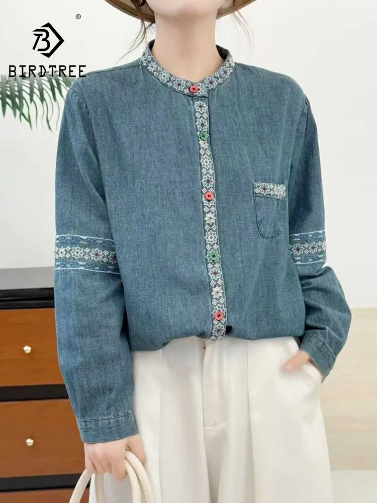 

New 2025 Winter Long Sleeve Denim Shirt, Women Stand Embroidery, Mori Girl Retro Ethnic Style Temperament Loose Blouse T5D318CC