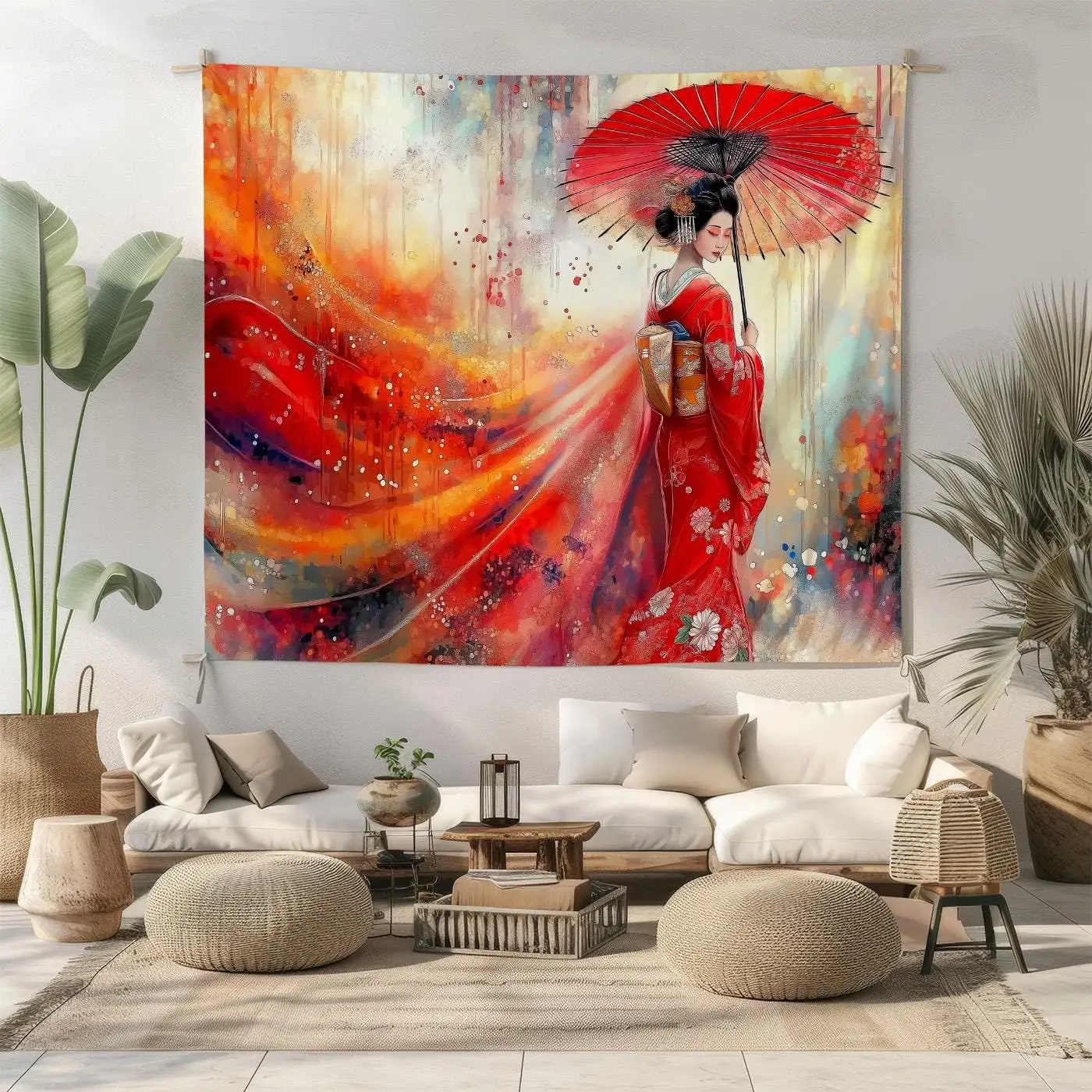 Vibrant Red Woman Umbrella Art Tapestry Bohemian Wall Hanging Watercolor Style Home Decor Poster
