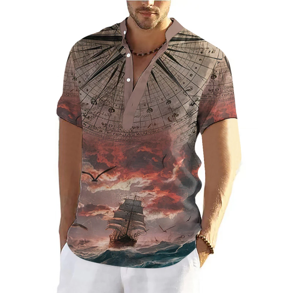 Men's Short Sleeve Shirt Summer Fashion Nautical Compass Anchor Printed Tops Men's Casual Loose Shirts Oversized Size S-5XL